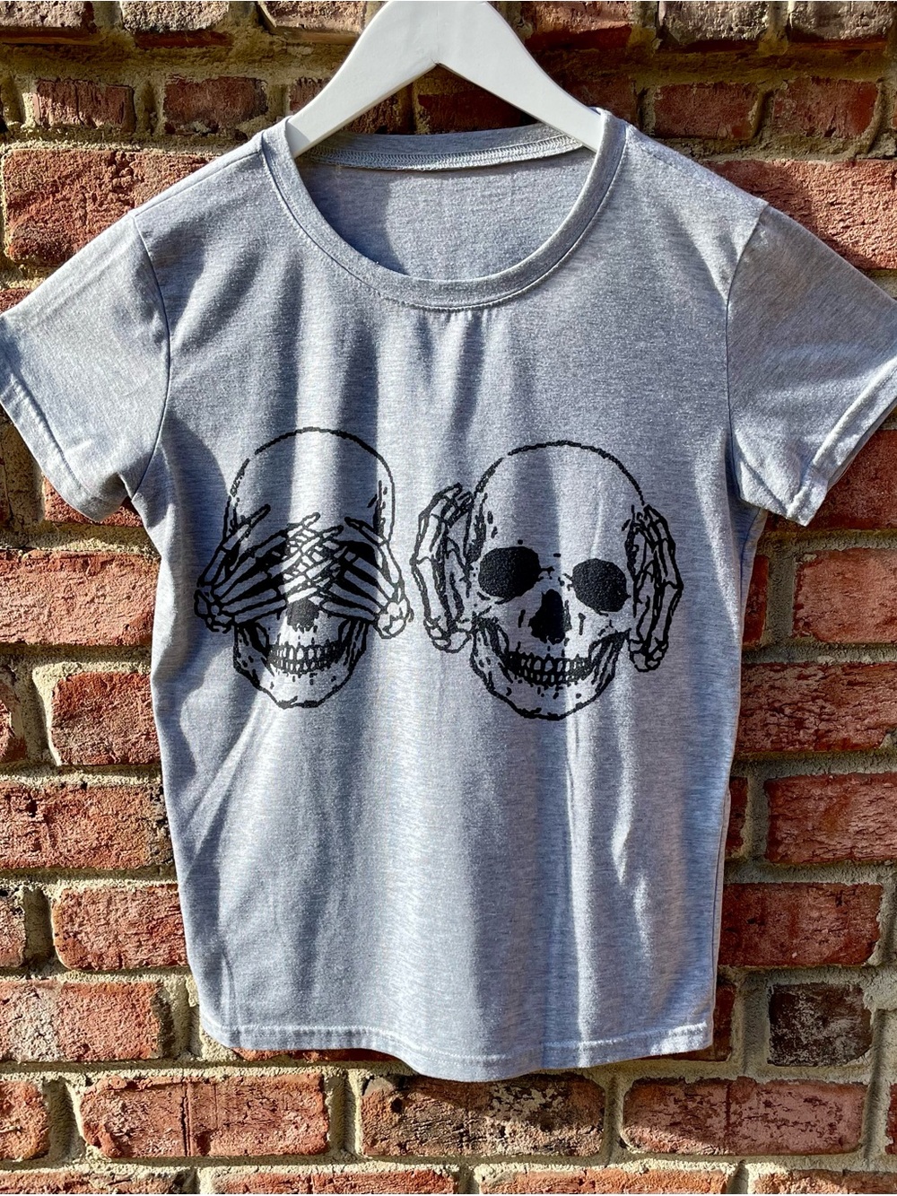 Gray Short Sleeve Tee with Black Skull Graphic